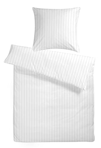 Carpe Sonno Bettwäsche Baumwolle Luxus Damast - Bettwäsche 135x200 2er Set mit Bett Bezug + Kissenbezug 80x80 cm - Hotelbettwäsche gekämmte Baumwoll Bettwäsche - Luxus Bettwäsche - Gestreift in Weiß