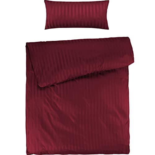 Pure Label Mako Satin Damast Streifen Bettwäsche rot 155x220 cm mit Kissenbezug 40x80 cm aus 100% Baumwolle - Traumhaft weiches Mako Satin Bettwäsche Set in Uni
