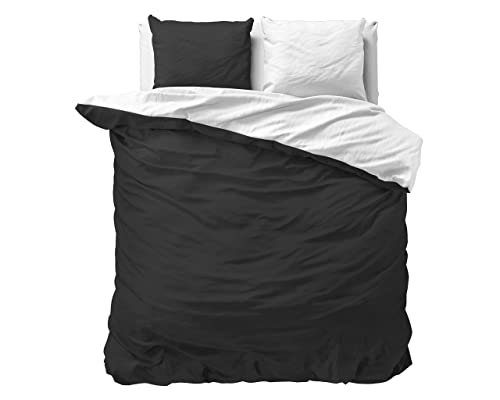Sleeptime 100% Baumwolle Bettwäsche 200cm x 200cm Weiß/Schwarz - weich & bügelfrei Bettbezüge mit Reißverschluss - zweifarbiges Bettwäsche Set mit 2 Kissenbezüge 80cm x 80cm