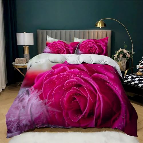 Bettwäsche 135x200 Rosa Rosen 3D Druck Bettbezüge und 2 Kissenbezug 50 x 75 Kuschelig Atmungsaktive Bettwäsche Set 3 Teilig mit Reißverschluss