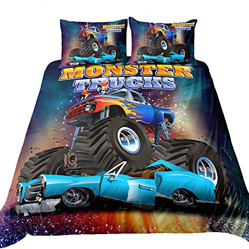 Suncloris Bettwäsche-Set, 3D-Monster Truck Heim-Bettwäsche, zum Knautschen auf Auto, beinhaltet: Bettdeckenbezug, Kissenbezüge (keine Decke im Inneren) Full farbe