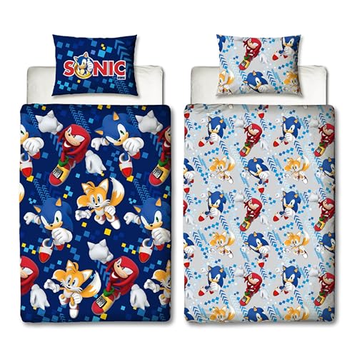 Character World Sonic The Hedgehog Offizielles Bettwäsche-Set für Einzelbett, Bounce-Design, wendbar, 2-seitig, inkl. passendem Kissenbezug, Gaming-Einzelbett-Set, Blau