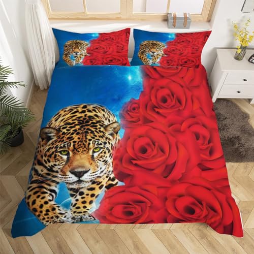 3D Leopardenmuster Bettwäsche 135x200 Rose Blumen Weiche Microfaser Bettwäsche-Sets Bettbezug mit Reißverschluss und 2 Kissenbezug 80x80 cm