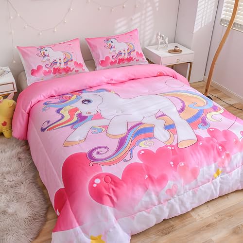 PHANTASIM Ganzjahreszeiten-Einhorn- Bettwäsche-Set mit Regenbogen, für Mädchen/Jungen (1 Bettdecke mit 1 Kissenbezug) Pink