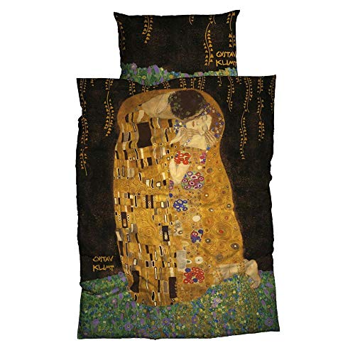 Unbekannt Kunstvolle Satin-Bettwäsche Der Kuss nach Gustav Klimt, seidig glänzend, Qualitätsbettwäsche, 100% Reine Baumwolle