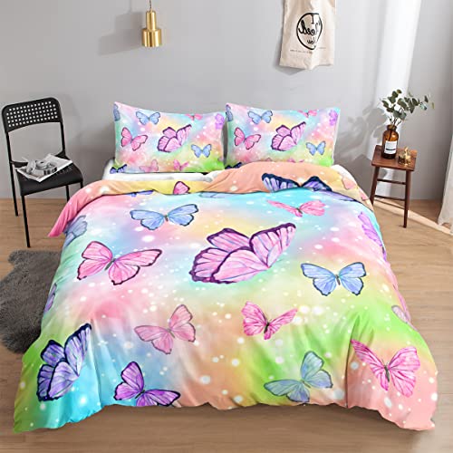 HOSIMA Schmetterlings-Bettwäsch e-Set für Mädchen, Aquarell-Schmetterlingsmu ster, bunter Druck, Bettbezug mit 2 Kissenbezügen (Aquarell S)