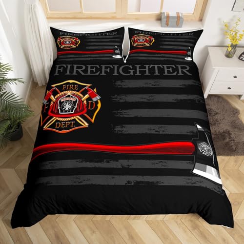 Feuerwehrmann-Bettbezug für Einzelbett, amerikanische Flagge, geometrische Streifen, Bettwäsche-Set, Jungen, Mädchen, Erwachsene, Raumdekoration, Feuerwehr-LKW-Werkzeuge, Bettdeckenbezug, rot schwarz,