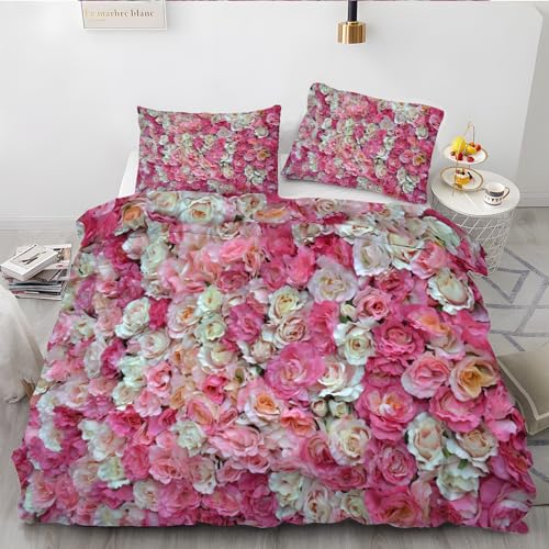 Bettbezüge 240x260 Rosen, Bettwaesche Pinke Blume, Bettbezug Mikrofaser 3teilig, Bettwäsche Weich Atmungsaktiv 2 Kissenbezüge 80x80 cm, Reißverschluss