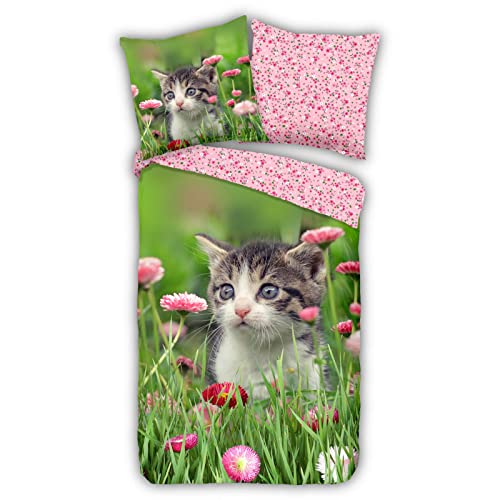 ESPiCO Bettwäsche Trendy Bedding Jacky Tiermotiv Katze Kätzchen Blumen geblümt Wiese Wendeoptik Renforcé, Größe:135 cm x 200 cm