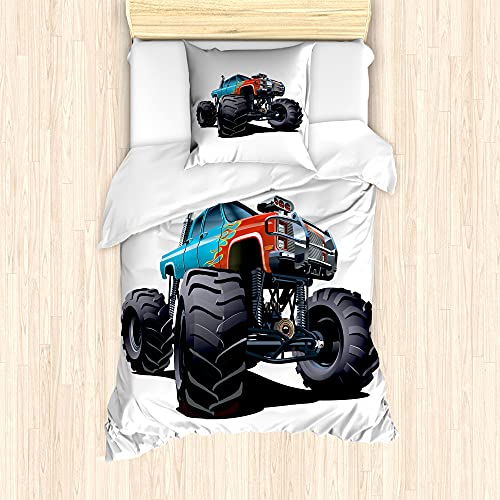 ABAKUHAUS Monster Truck Bettbezug Set für Einzelbetten, Offroad Sport, Milbensicher Allergiker geeignet mit Kissenbezug, 135 cm x 200 cm - 80 x 80 cm, Mehrfarbig