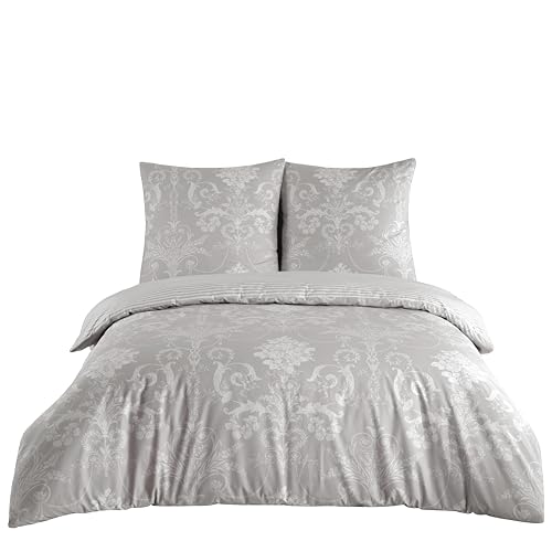 ZIRVEHOME Bettwäsche Set 135x200 grau   2 teilig   kuschelig weich   Baumwolle Bettbezug im weiß Barockdesign Kissenbzug mit Verdecktem Reißverschluss, Alone V1