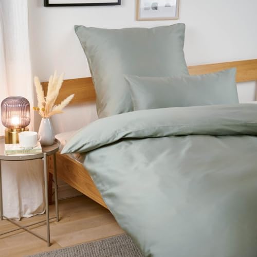 Blumtal Mako Satin Bettwäsche 155x220 Baumwolle Grün - Bettdeckenbezug mit frei wählbaren Kissenbezug - individuell anpassbares Bettwäsche-Set aus 100% Baumwolle - Oeko Tex Zertifiziert