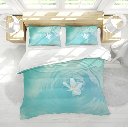 DINGSION Hellblaues Bettwäsche-Set 3-teilige Reflexion von Wellen und weißen Orchideen im Wasser Schlafzimmer-Bettwäsche- Set mit 2 Kissen-Shams-Reißverschl uss 155 x 220 cm