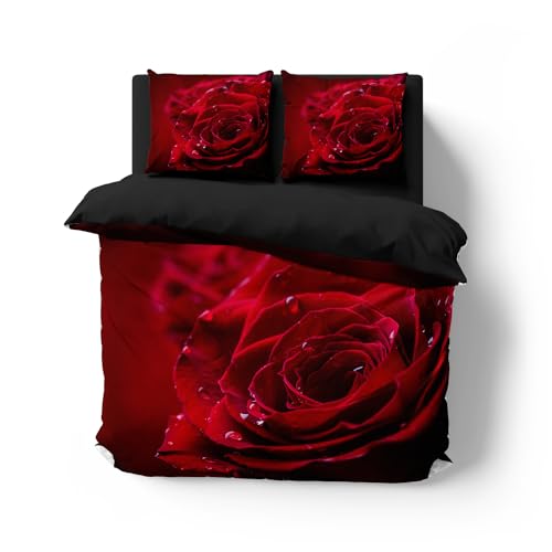 Bettwäsche 135x200cm Rote Rose Blumen Muster Bettbezug Set Weiche Microfaser Romantische Mit Roten Rosen Motiv Blumendruck Bettbezug (Styple 8#,135x200/80x80cm)