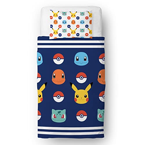 Pokemon Offiziell Lizenziertes Einzelbett-Bettbezug-Set für Kinder, Pikachu-Abzeichen-Design, wendbar, zweiseitig, Bettwäsche mit passendem Kissenbezug, Character World Brands Einzelbett-Set