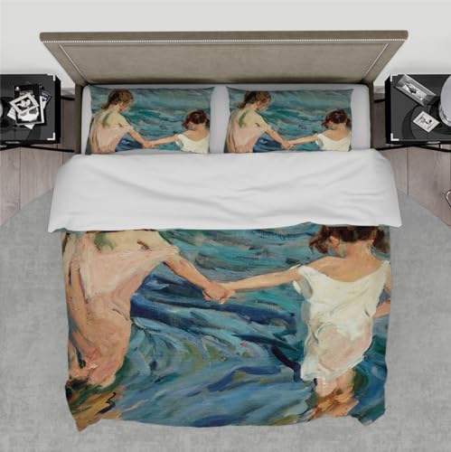 DINGSION Joaquín Sorolla Y Bastida Style Bettwäsche Set 3-teilig Kinder im Meer Weiche Mikrofaser-Bettwäsche für Schlafzimmer mit 2 Kissen Shams 260 x 240 cm