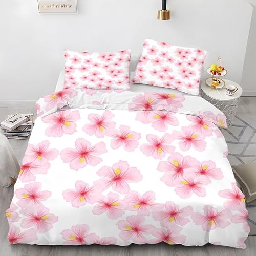 BlüTenblatt Bettwäsche 200x220 KirschblüTen 3 Teilig Bettbezug Sets mit Reißverschluss Rose Weich Microfaser 3D Muster Bettbezüge und 2 Kissenbezug 80x80 cm