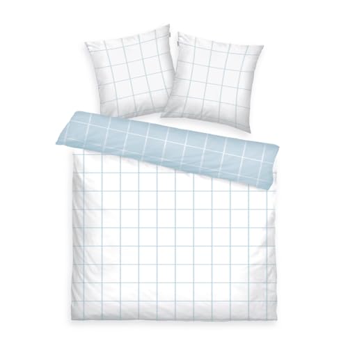 TOM TAILOR Renforcé-Bettwäsche, 2*80x80 cm + 200x220 cm, 100% Baumwolle/ Renforcé, mit Wendemotiv und farbigem Markenreißverschluss, LARGE CHECK Weiß, Hellblau (Crisp White & Sky Blue)