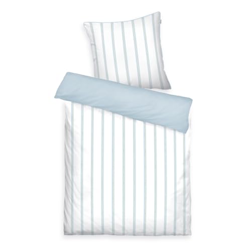 TOM TAILOR Satin-Bettwäsche, 80x80cm + 135x200cm,100% Baumwolle/Satin, mit Wendemotiv, farbiger Paspel am Kissen und Markenreißverschluss, CLASSIC SATIN STRIPES Weiß, Hellblau (Light Lemon & Sky Blue)