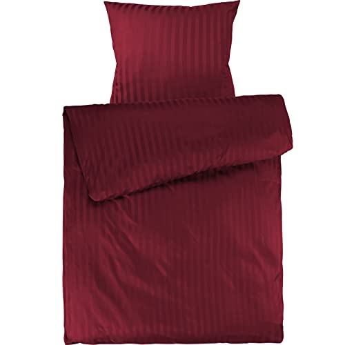 Pure Label Mako Satin Damast Streifen Bettwäsche rot 135 x 200 cm mit Kissenbezug 80 x 80 cm aus 100% Baumwolle - Traumhaft weiches Mako Satin Bettwäsche Set in Uni
