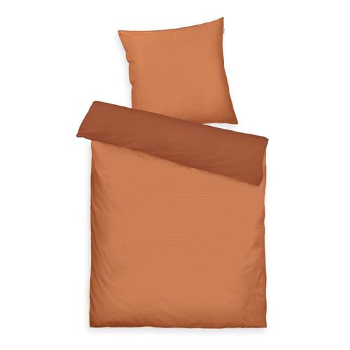 TOM TAILOR Satin-Bettwäsche, 80x80 cm + 155x220 cm, 100% Baumwolle/Satin, mit Doppelnaht am Kissen, Wendemotiv und farbigem Markenreißverschluss, TWO-TONE SOLID COLORS Orange (Warm Coral)