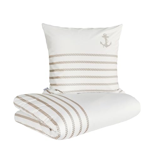Zeitgeist Cuxhaven Bettwäsche 135x200 cm - 100% Baumwolle, Reißverschluss, 2 TLG Bettwäsche Set Maritim Anker weiß beige