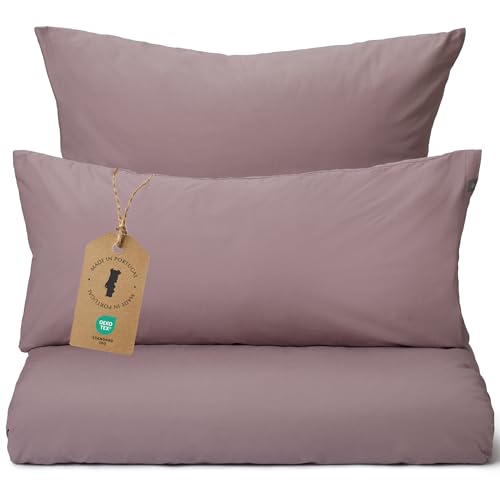 URBANARA MATA Essential Bettwäsche 200x220 cm + 2X 80x80 cm I 100% Baumwolle Made in Portugal Oeko Tex 100 I Weich Unifarben Atmungsaktiv mit Reißverschluss 3-TLG Set I Dunkles Taupe