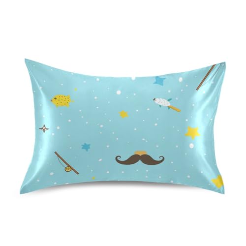 Kissenbezug mit Cartoon-Schnurrbart und blauem Bambus, ägyptische Baumwolle, weiß, Funda para almohada, Standardgröße 50,8 x 66 cm