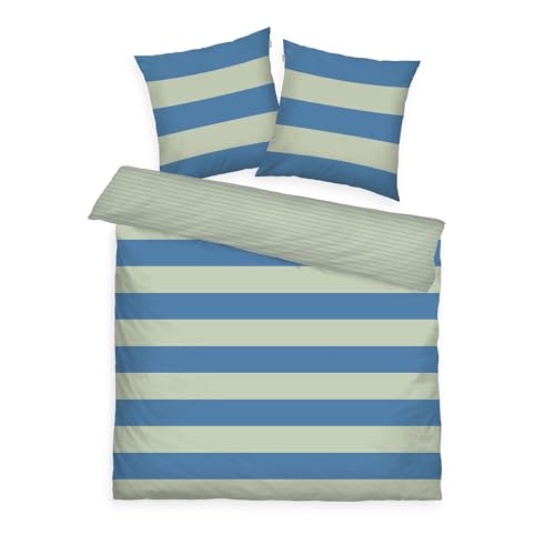 TOM TAILOR Renforcé-Bettwäsche, 2*80x80 cm + 200x220 cm, 100% Baumwolle/ Renforcé, mit Wendemotiv und farbigem Reißverschluss, BOLD STRIPES Grün, Blau (Green Leaf & Cool Blue)