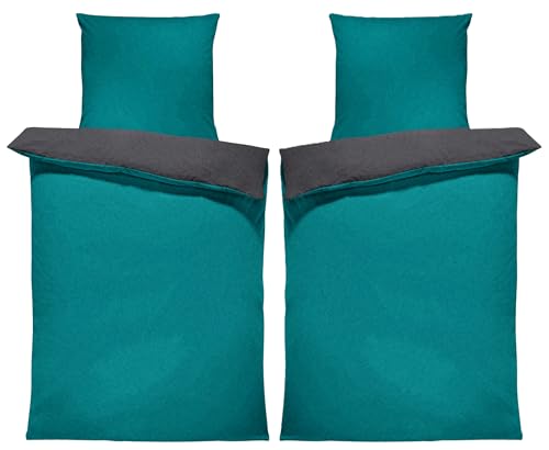 one-home Winter Bettwäsche Doubleface Uni Wende kuschelig flauschig warm weich Fleece, Größe:4 teilig 135x200 cm, Farbe:Petrol/anthrazit