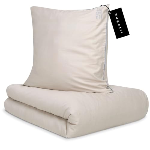 bugatti Bettwäsche 135x200 cm - 100% Baumwolle, Reißverschluss, anschmiegsam, weich & waschbar, Satinbettwäsche beige blau einfarbig