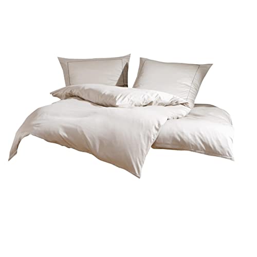 Lorena Uni Mako-Satin Bettwäsche Classic Zierstich Kiesel, 1 Bettbezug 155 x 220 cm + 1 Kissenbezug 80 x 80 cm
