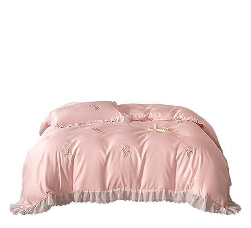 Bettwäsche Doppelbett-Set Bettlaken & Kissenbezüge Seide 4-teiliges Bettwäsche-Set Hautfreundliches weiches Bettlaken-Set Stickerei Blumen-Set Bettlaken-Set (Rosa 2 m Bett)