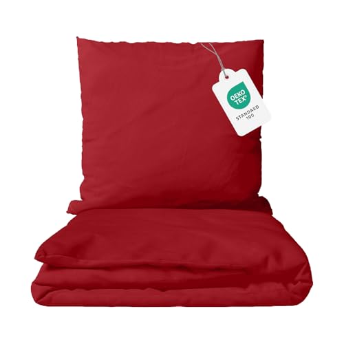 Class Home Collection Bettwäsche 135x200 Baumwolle – 2-teiliges Bettwäsche-Set mit Reißverschluss, Bettbezug + Kissenbezug 80x80 cm, Ganzjahres-Bettwäsche, Uni Rot