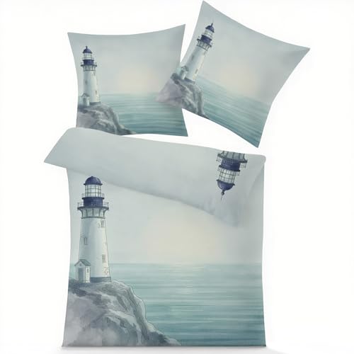 GEDAEUBA Bettwäsche 200x200 Leuchtturm - Maritim Bettbezug, Wendebettwäsche und Kissenbezug 80x80, Weiche & Angenehme Mikrofaser Bettwäsche-Sets mit Reißverschluss