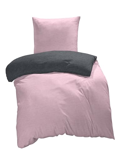 one-home Winter Bettwäsche Biber Meliert Baumwolle Flanell Kuschelig Flauschig Warme Weiche Melange Modern, Größe:2 teilig 135x200 cm, Farbe:rosa/anthrazit