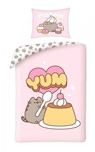 Halantex PUSHEEN YUM Pudding Sweet Shop wendbares Bettwäsche-Set für Einzelbett, 2-teilig, Bettbezug 140 x 200 cm und Kissenbezug 70 x 90 cm, 100 % Baumwolle, Ökö-Tex Standard 100