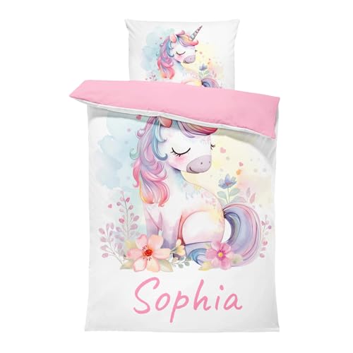 Pictogogo Süßes Einhorn-Design Kleinkindbettwäsche für Mädchen mit Namen, Personalisiert, Wählbare Baumwollunterfarbe (Weiß, Rosa, Blau, Grau), Oeko-TEX, 100 x 135 cm
