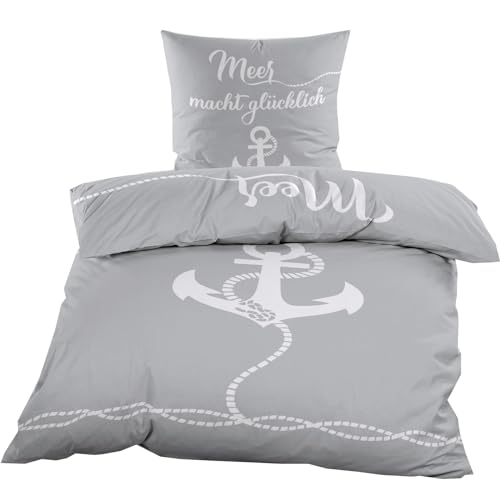 Casa Colori Renforce Bettwäsche 155x220 cm 2 TLG. aus 100% Baumwolle Bettgarnitur Partnerbettwäsche in Grau Weiß mit Anker