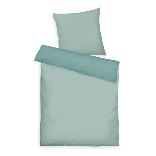 TOM TAILOR Satin-Bettwäsche, 80x80 cm + 135x200 cm, 100% Baumwolle/Satin, mit Doppelnaht am Kissen, Wendemotiv und farbigem Markenreißverschluss, TWO-TONE SOLID COLORS Türkis (Fresh Sage)