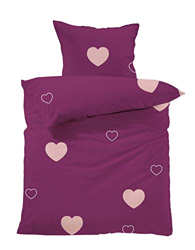 Lavea Bettwäsche Set – Milena 135 x 200 cm + 80 x 80 cm – Herzmotiv Bordeaux-Rosa – Bio Bettwäsche Mädchen – 100% Baumwolle – GOTS Zertifiziert – mit Reißverschluss