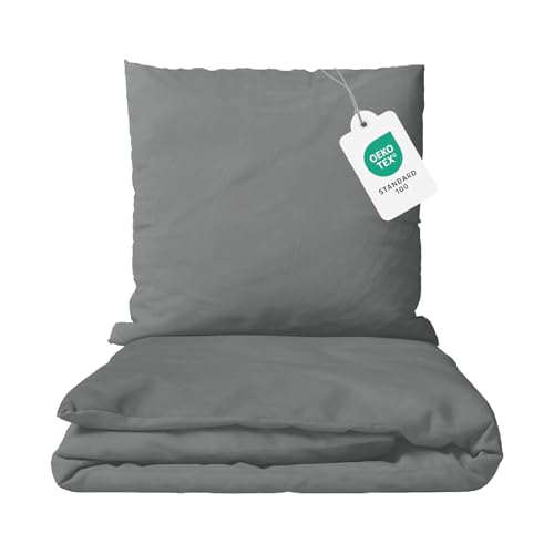 Class Home Collection Bettwäsche 155x220 Baumwolle – 2-teiliges Bettwäsche-Set mit Reißverschluss, Bettbezug + Kissenbezug 80x80 cm, Ganzjahres-Bettwäsche, Uni Grau