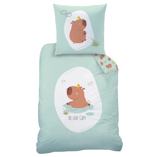 MTOnlinehandel Capybara Bettwäsche 135x200 + 80x80 cm – Renforcé Baumwolle, Öko-Tex Zertifiziert, Reißverschluss – süßes Capybara Motiv „Be Like Capy“, Kinder & Teenager Geschenk