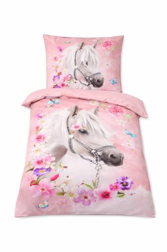 Soma Renforcé Bettwäsche-Set 2 teilig Bettbezug 2tlg 135x200cm 80x80 Pferde Bettwäsche rosa pink