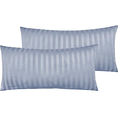 Pure Label 2er Set Mako Satin Damast Streifen Kopfkissenbezüge 40x80 cm aus 100% Baumwolle in hellblau| Traumhaft weiche Kissenbezüge passend zu unseren Bettwäsche Sets