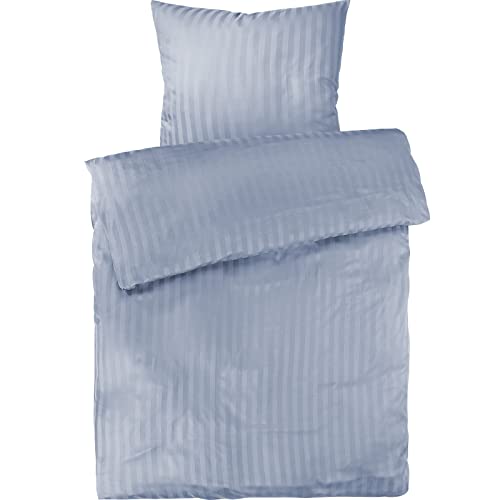Pure Label Mako Satin Damast Streifen Bettwäsche hellblau 155x220 cm mit Kissenbezug 80x80 cm aus 100% Baumwolle - Traumhaft weiches Mako Satin Bettwäsche Set in Uni