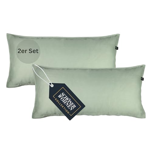 SCHÖNER WOHNEN 2er Set Satin Kopfkissenbezug 40x80 Baumwolle - Grün - 2teilig - Luxus Kopfkissenbezüge weich & atmungsaktiv - Doubleface - farblich passend zur Bettwäsche mit Reißverschluss