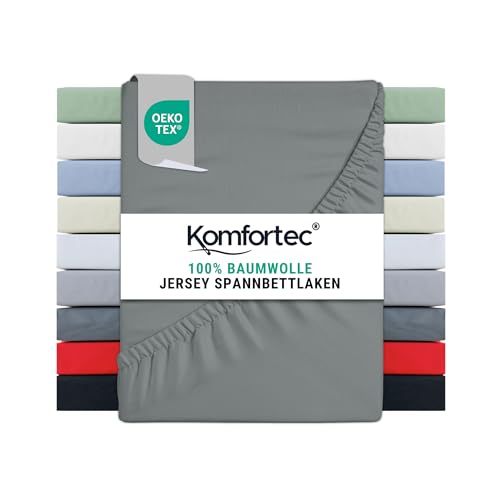 Komfortec Spannbettlaken Jersey 100% Baumwolle – 140x200 cm – 135g/m² – Weich, Atmungsaktiv & Hautfreundlich – Mit Rundumgummi – Oeko-Tex Zertifiziert – Für Boxspring, Topper & Matratzen – Grau