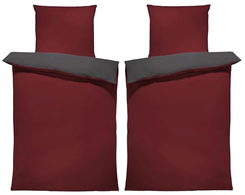 one-home Uni Wende Bettwäsche Einfarbig Mikrofaser Garnituren Bettbezüge Unifarben Reißverschluss (Bordeaux/anthrazit, 4 teilig 135x200 cm)