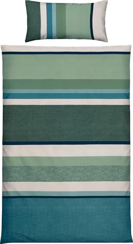 Erwin Müller Bettwäsche Feinbiber Streifen mit Wendekissenbezug Petrol-grün Größe 40x80 cm / 155x220 cm - hoher Kuschelfaktor, wohlig warm, mit Reißverschluss